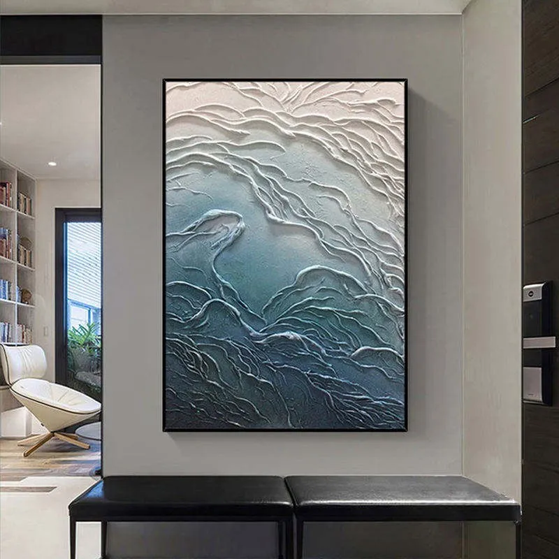 Hand-painted abstract texture landscape oil painting on canvas, unframed, vertical modern wall art for living room