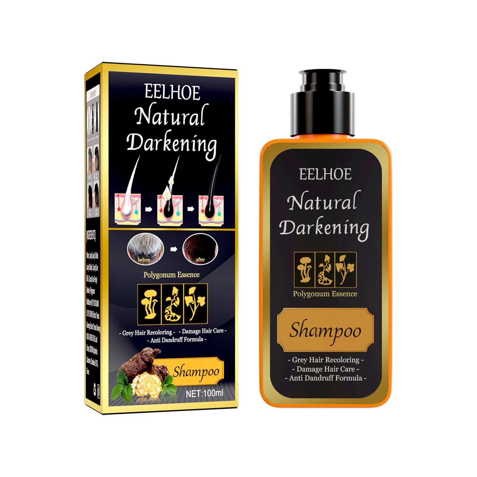 100ml boxed Polygonum Multiflorum shampoo for natural hair colour restoration and cleansing