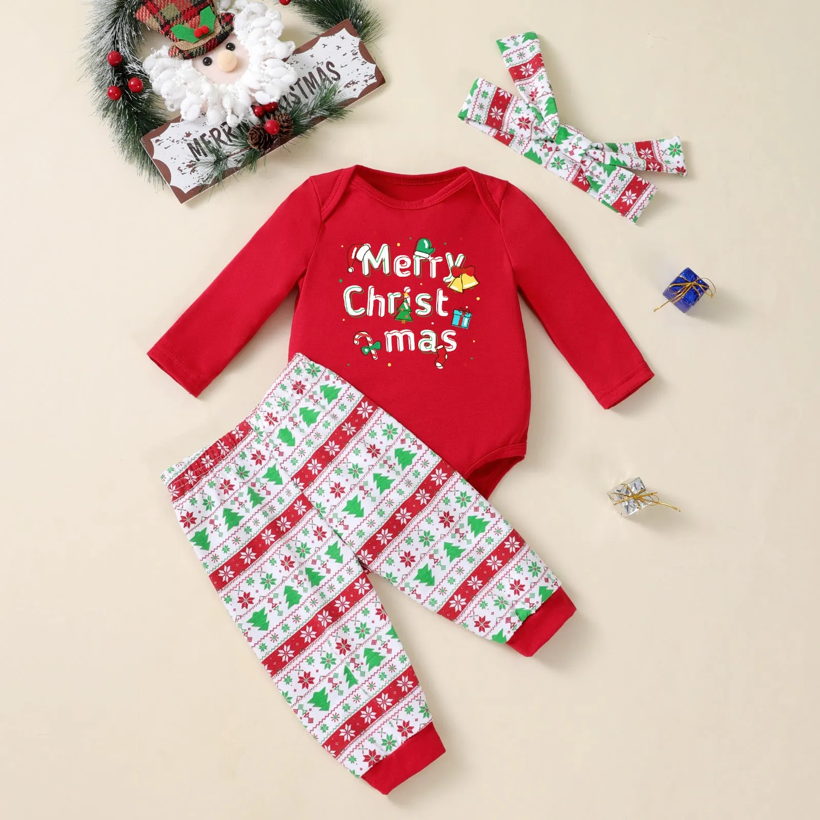 Baby Christmas tree print long-sleeve bodysuit, pants, and hat three-piece outfit on a white background