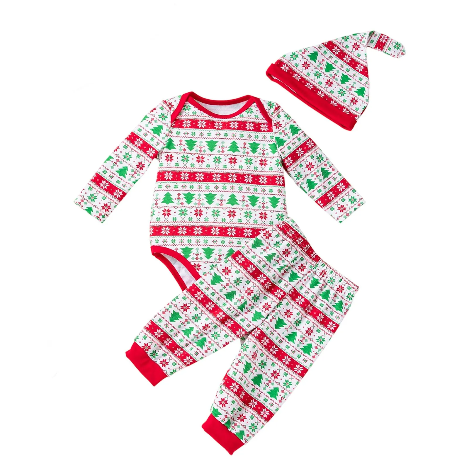 Baby Christmas tree print long-sleeve bodysuit, pants, and hat three-piece outfit on a white background