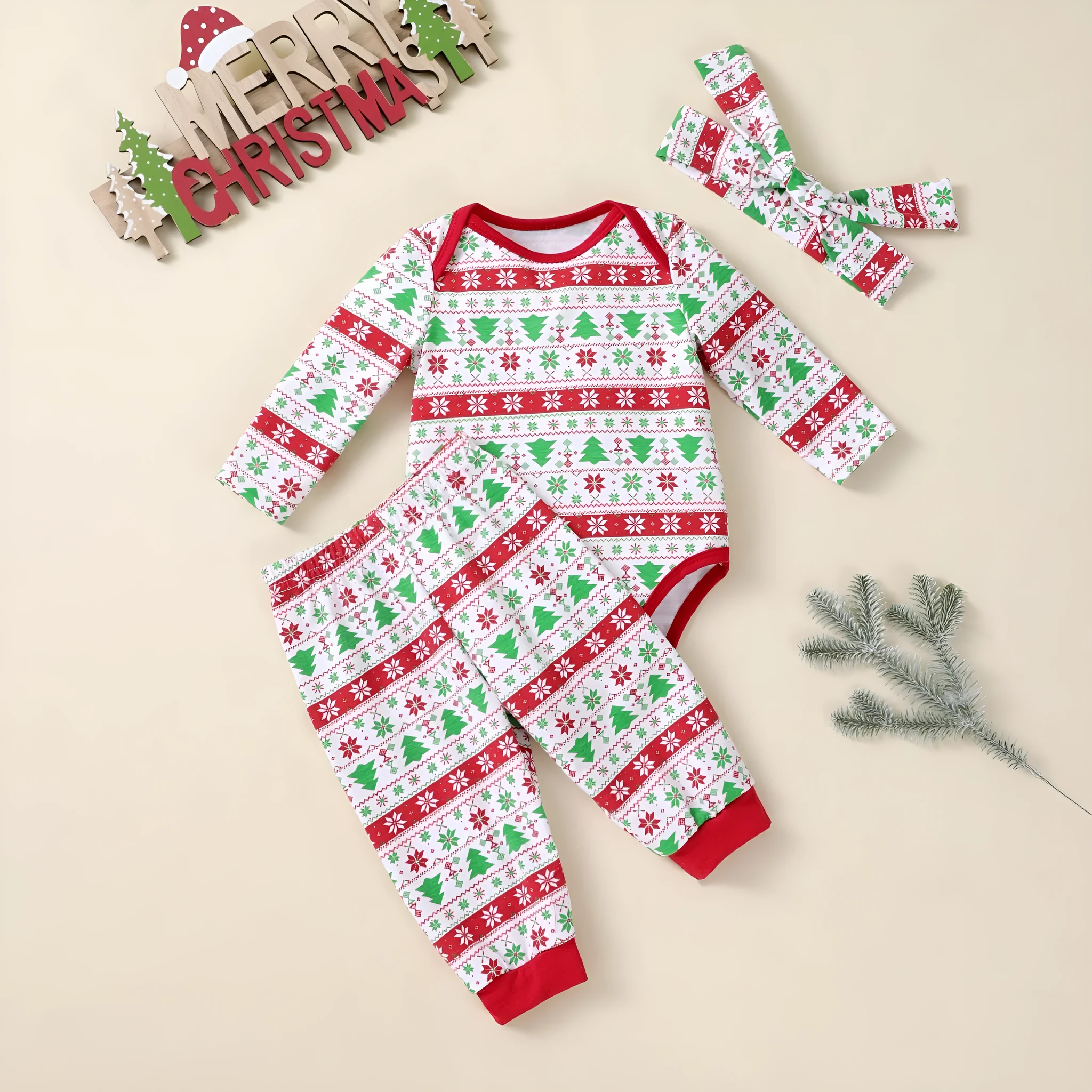 Baby Christmas tree print long-sleeve bodysuit, pants, and hat three-piece outfit on a white background