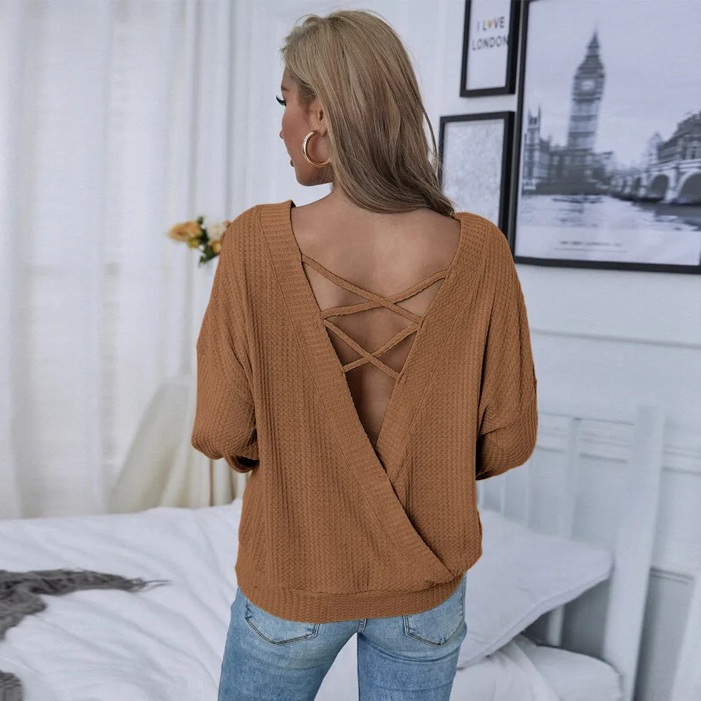 Women's loose casual backless long sleeve pullover in solid brown polyester with drop shoulders