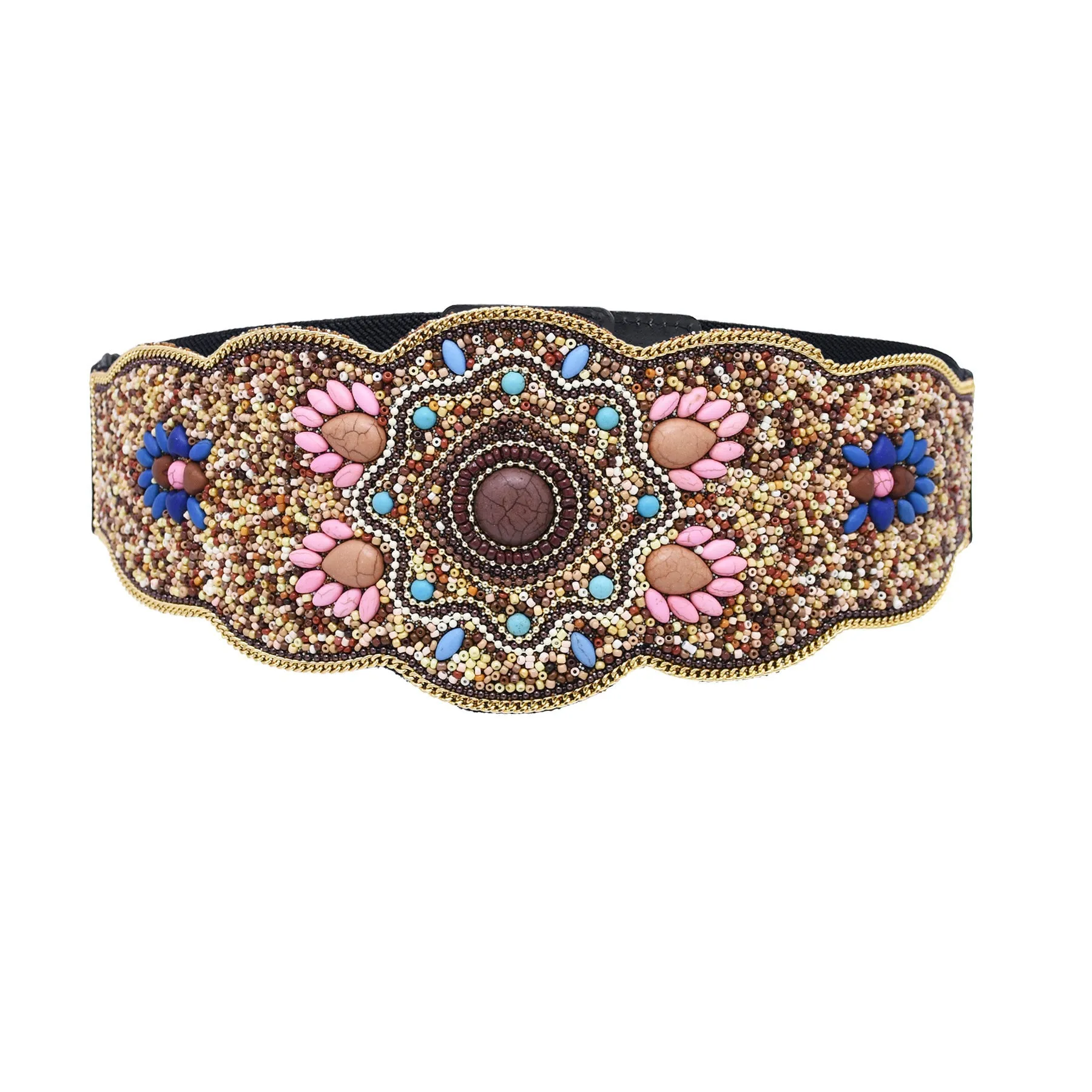 Beaded imitation turquoise elastic waistband belt on faux leather with visible stitching, unisex adult size