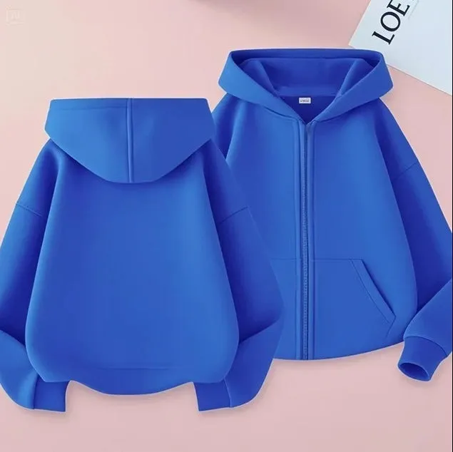 Girl's casual solid colour hoodie in light gray with zipper front, hood, and polyester lining, suitable for 100-160cm height