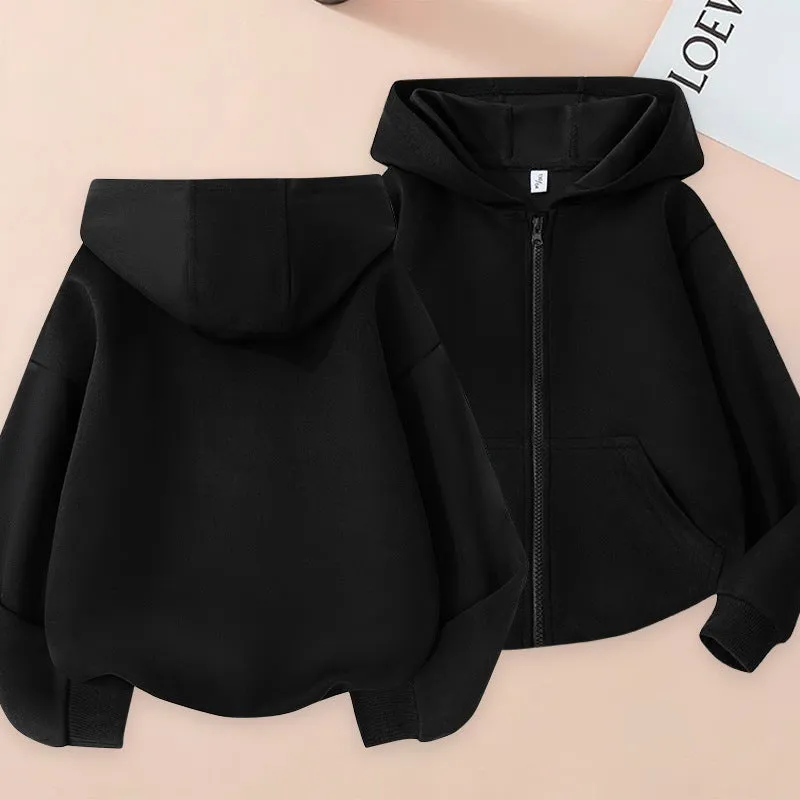 Girl's casual solid colour hoodie in light gray with zipper front, hood, and polyester lining, suitable for 100-160cm height