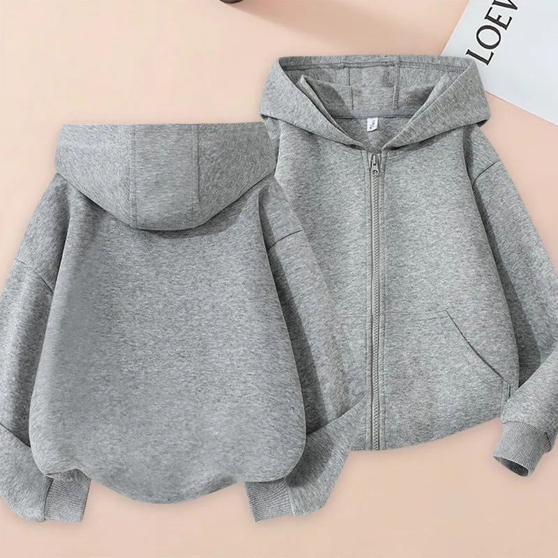 Girl's casual solid colour hoodie in light gray with zipper front, hood, and polyester lining, suitable for 100-160cm height