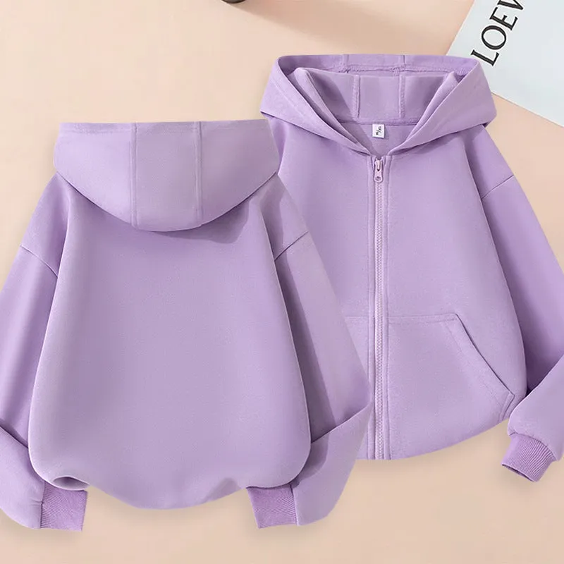 Girl's casual solid colour hoodie in light gray with zipper front, hood, and polyester lining, suitable for 100-160cm height