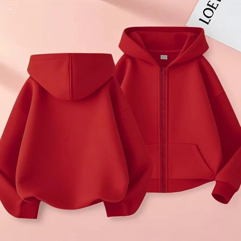 Girl's casual solid colour hoodie in light gray with zipper front, hood, and polyester lining, suitable for 100-160cm height