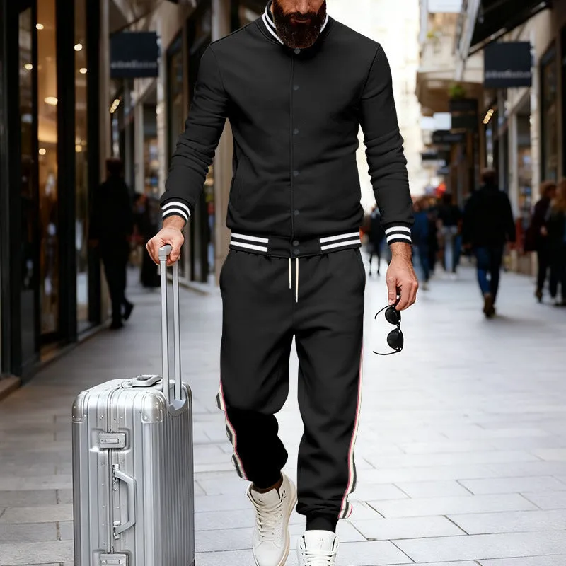 Striped tapered pants two-piece set in black with wool lining jacket and trousers on a model