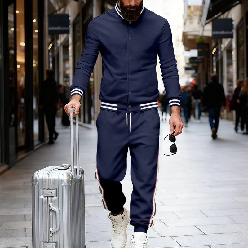 Striped tapered pants two-piece set in black with wool lining jacket and trousers on a model