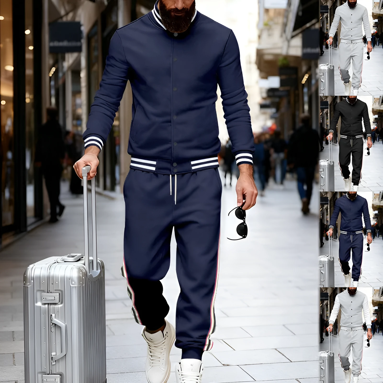 Striped tapered pants two-piece set in black with wool lining jacket and trousers on a model