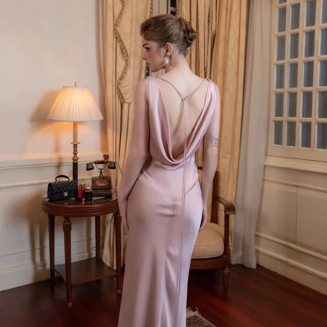 European American new high-end satin long dress solid colour sleeveless mid-rise polyester socialite