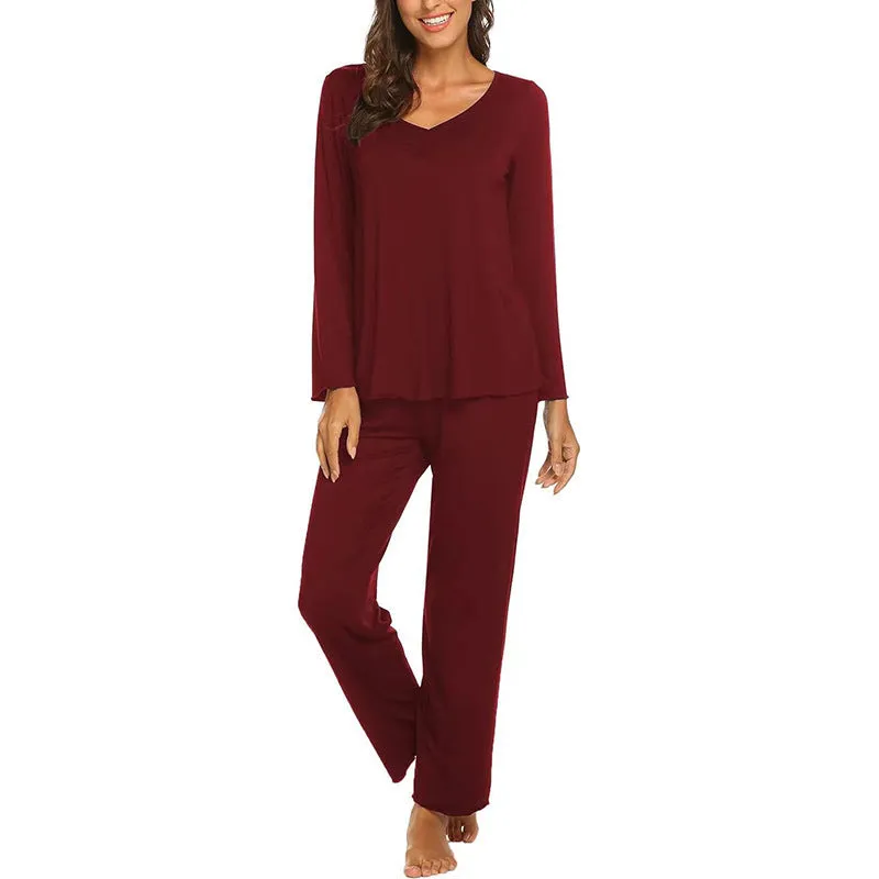 Women's casual solid colour milk silk V-neck long sleeve loungewear set in navy blue with matching trousers