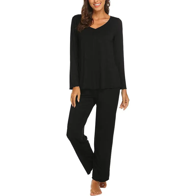 Women's casual solid colour milk silk V-neck long sleeve loungewear set in navy blue with matching trousers