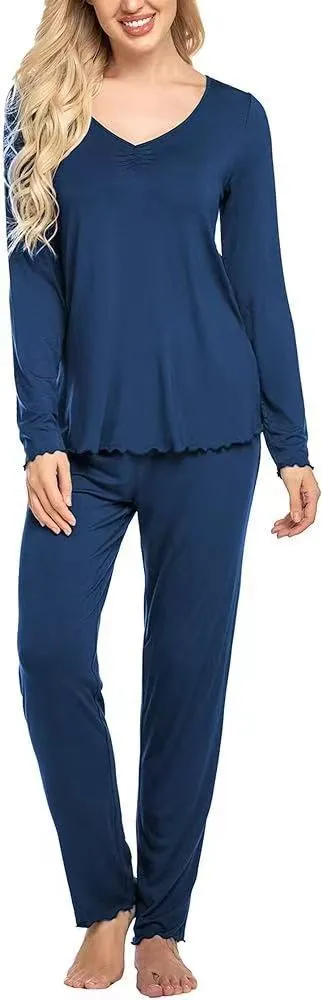Women's casual solid colour milk silk V-neck long sleeve loungewear set in navy blue with matching trousers