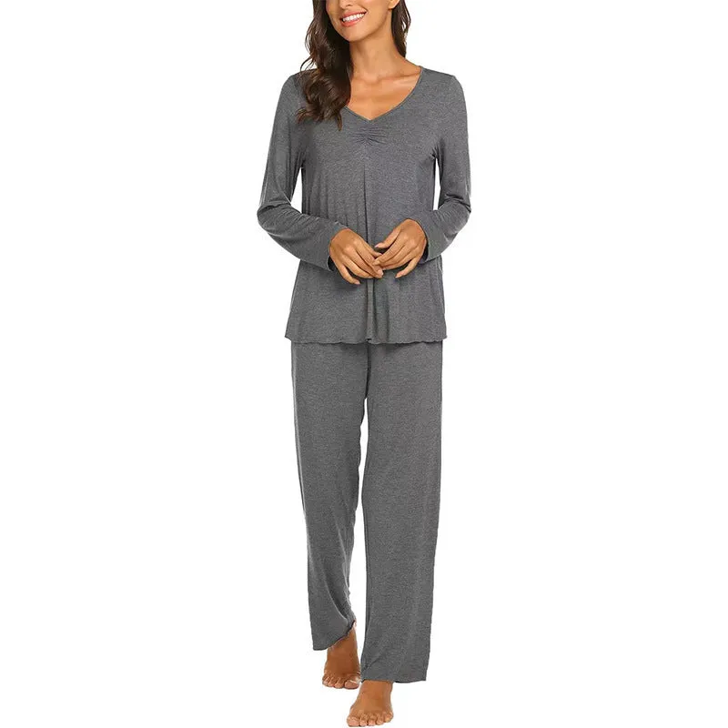 Women's casual solid colour milk silk V-neck long sleeve loungewear set in navy blue with matching trousers