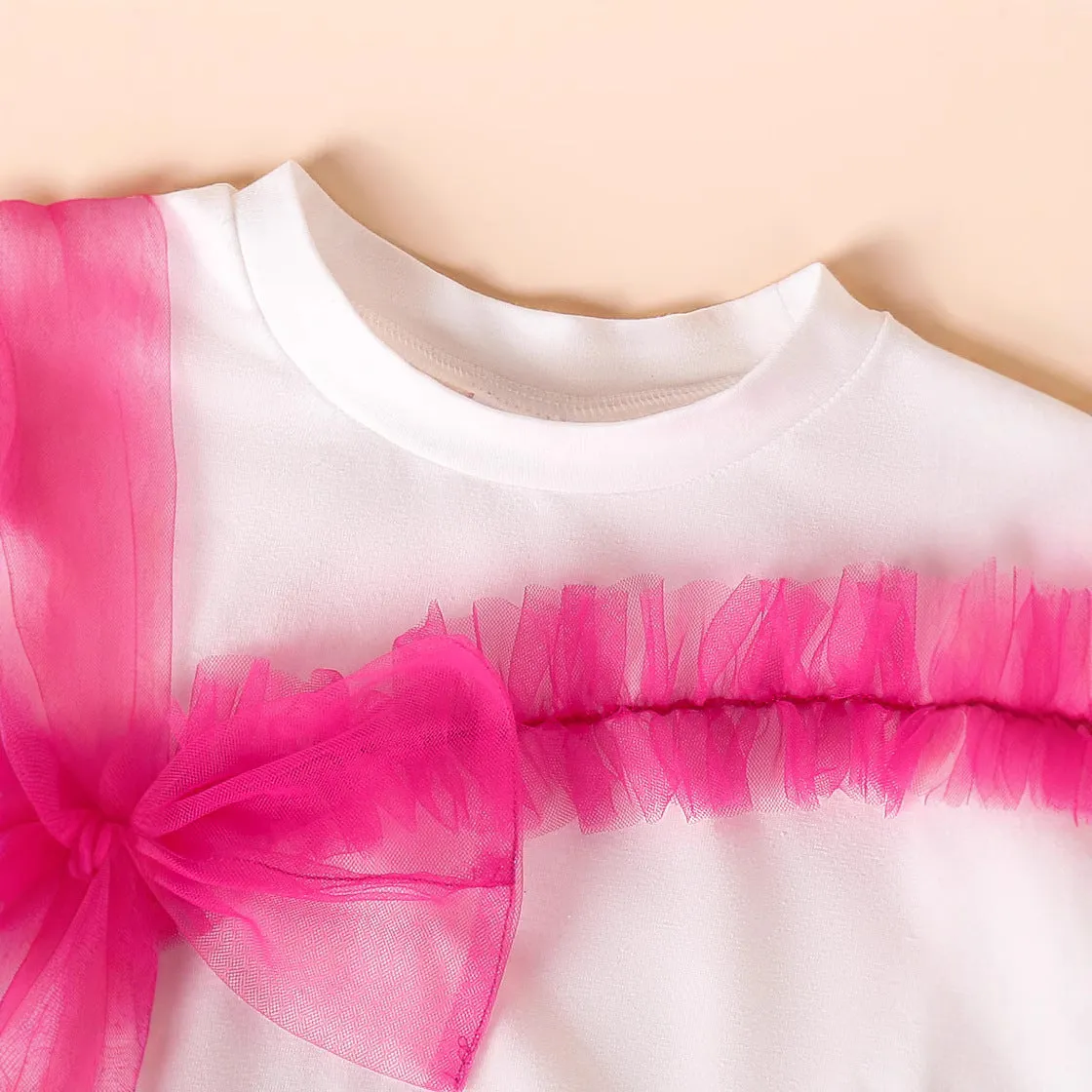 Rose red children's short-sleeved t-shirt, denim shorts, and belt set for girls ages 4Y to 7Y