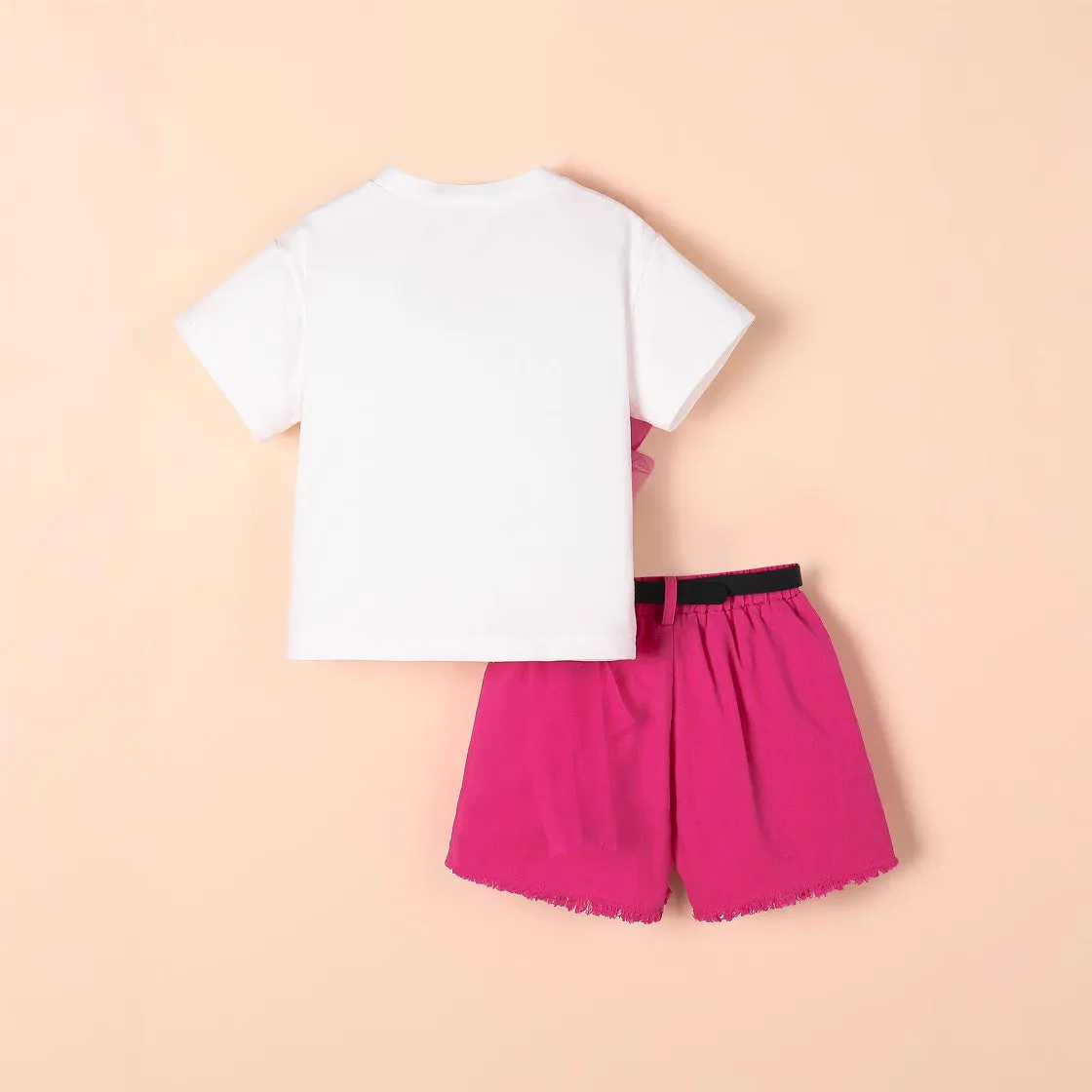 Rose red children's short-sleeved t-shirt, denim shorts, and belt set for girls ages 4Y to 7Y