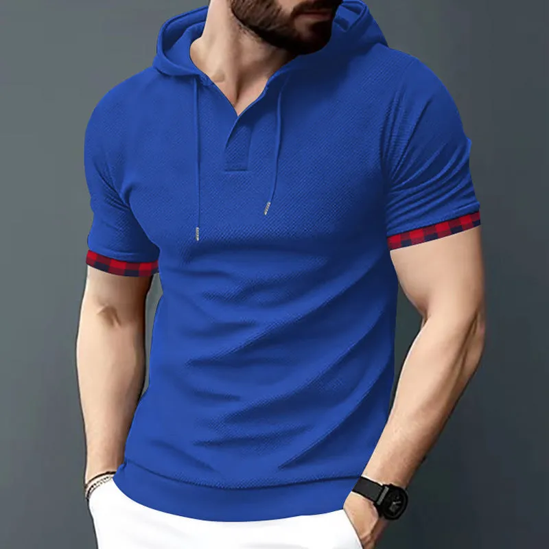 Men's short sleeve sport casual hooded top in solid colour, polyester blend, fitted cut, available in plus sizes