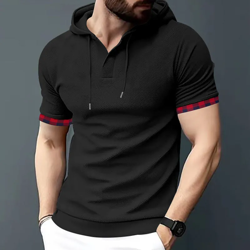 Men's short sleeve sport casual hooded top in solid colour, polyester blend, fitted cut, available in plus sizes