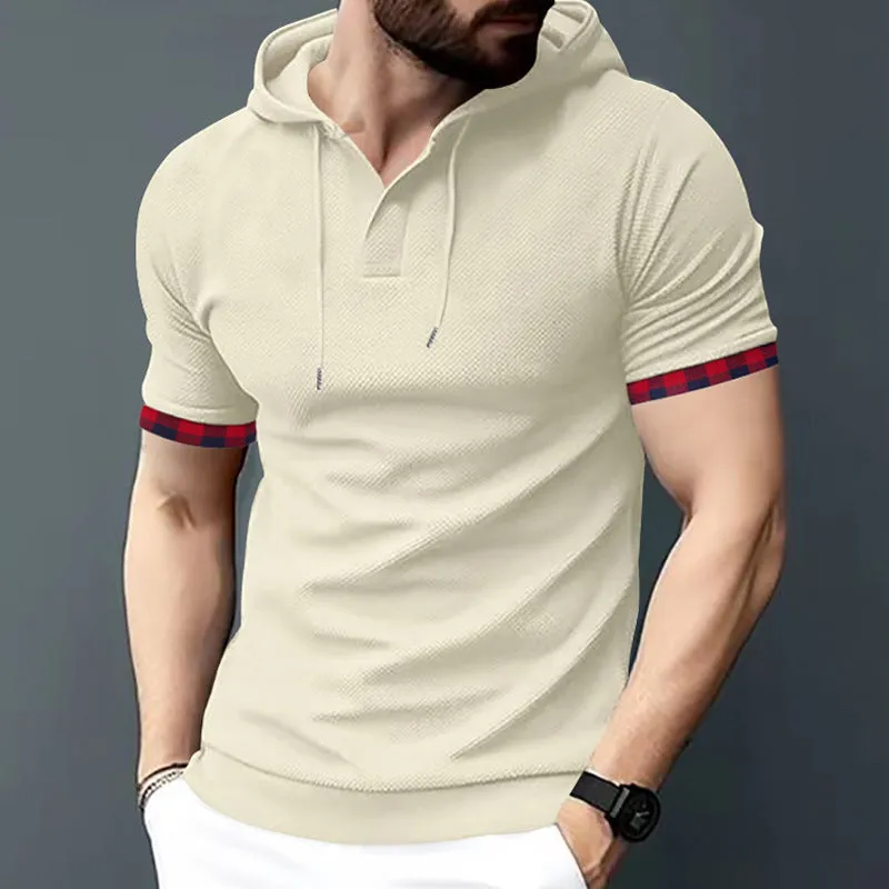Men's short sleeve sport casual hooded top in solid colour, polyester blend, fitted cut, available in plus sizes