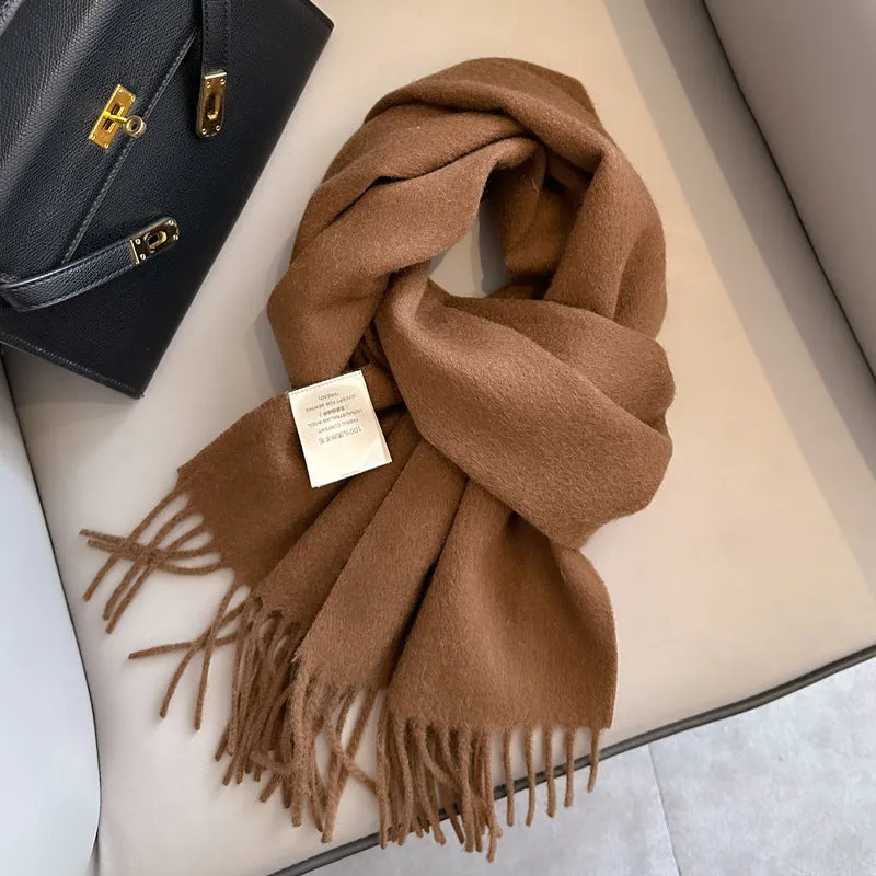 Pure wool mid-length narrow scarf with tassel detailing in beige, 180x32 cm, laid flat