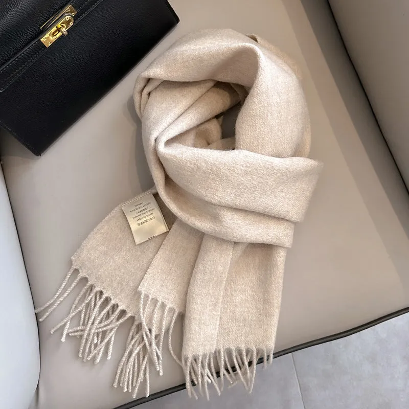 Pure wool mid-length narrow scarf with tassel detailing in beige, 180x32 cm, laid flat