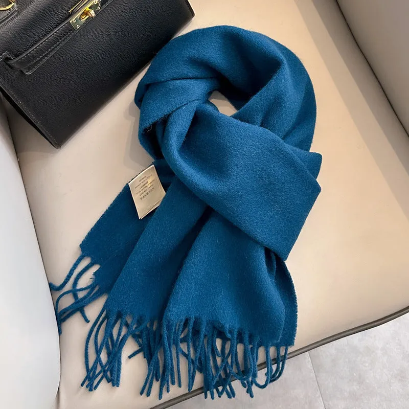 Pure wool mid-length narrow scarf with tassel detailing in beige, 180x32 cm, laid flat