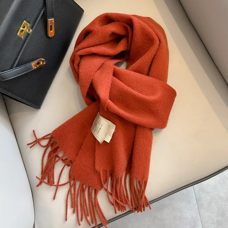 Pure wool mid-length narrow scarf with tassel detailing in beige, 180x32 cm, laid flat