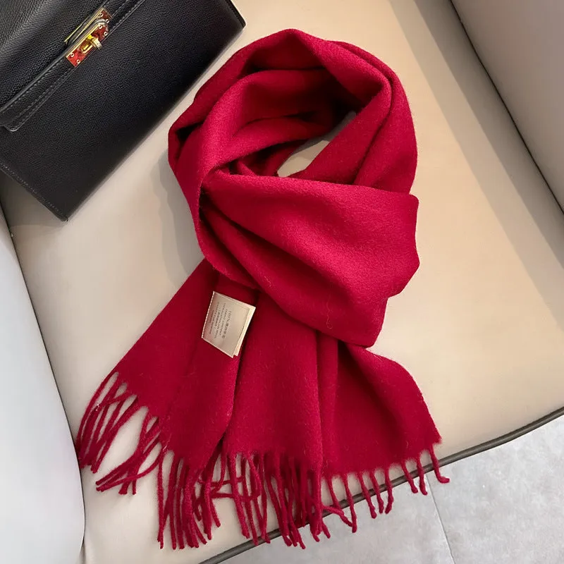 Pure wool mid-length narrow scarf with tassel detailing in beige, 180x32 cm, laid flat