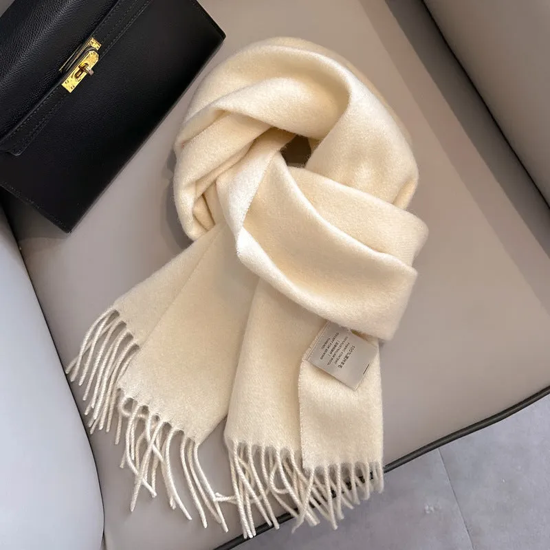 Pure wool mid-length narrow scarf with tassel detailing in beige, 180x32 cm, laid flat