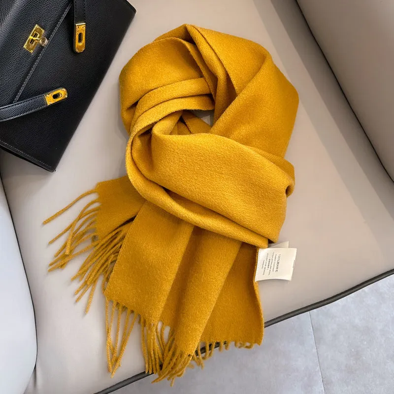 Pure wool mid-length narrow scarf with tassel detailing in beige, 180x32 cm, laid flat