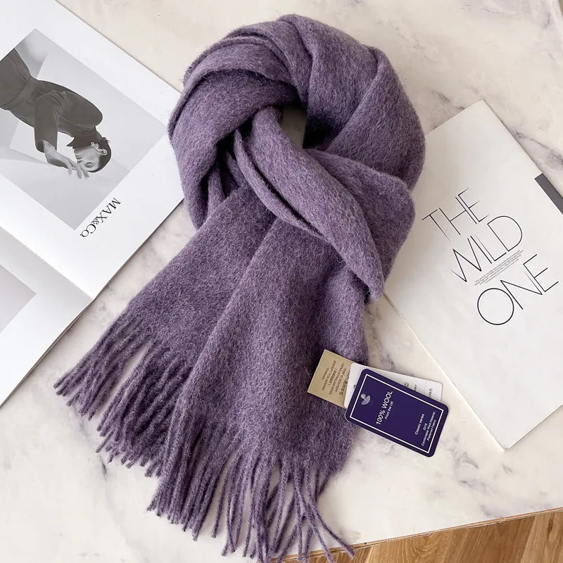 Pure wool mid-length narrow scarf with tassel detailing in beige, 180x32 cm, laid flat