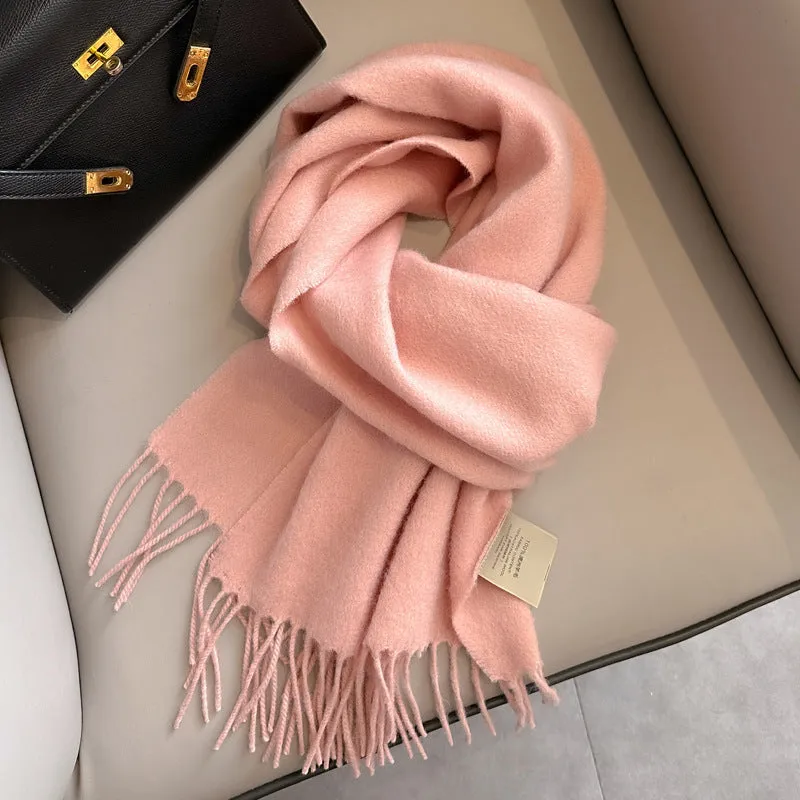 Pure wool mid-length narrow scarf with tassel detailing in beige, 180x32 cm, laid flat