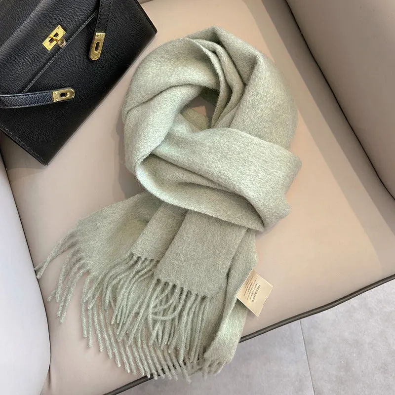Pure wool mid-length narrow scarf with tassel detailing in beige, 180x32 cm, laid flat
