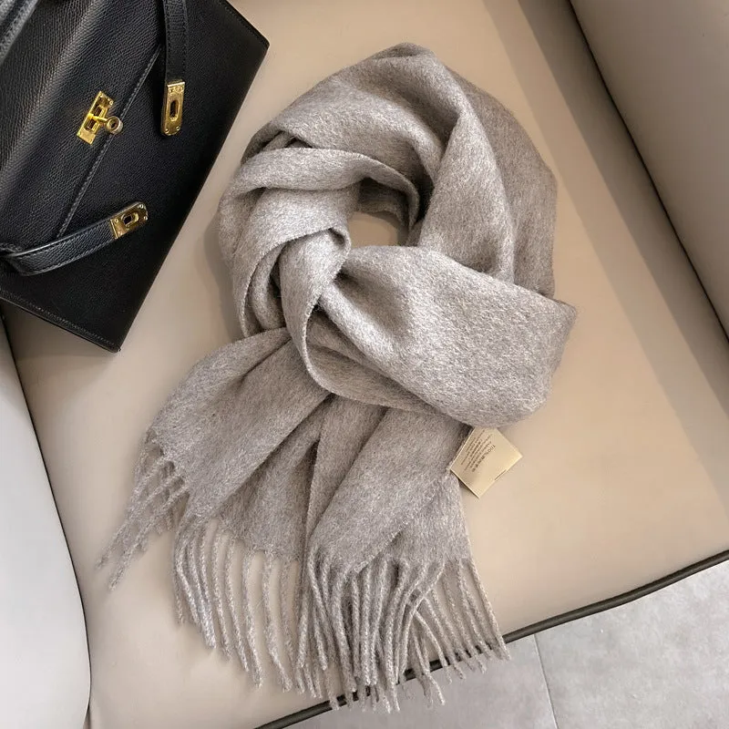 Pure wool mid-length narrow scarf with tassel detailing in beige, 180x32 cm, laid flat
