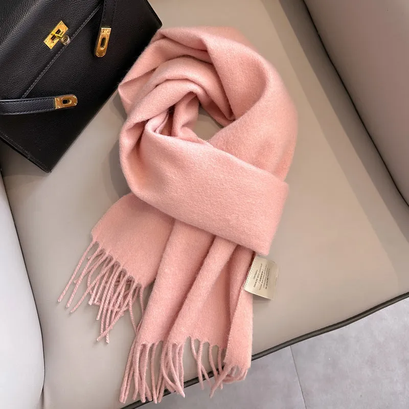 Pure wool mid-length narrow scarf with tassel detailing in beige, 180x32 cm, laid flat