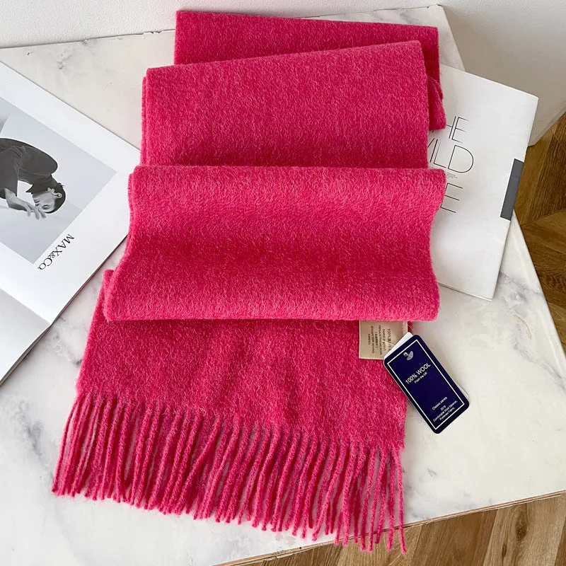Pure wool mid-length narrow scarf with tassel detailing in beige, 180x32 cm, laid flat