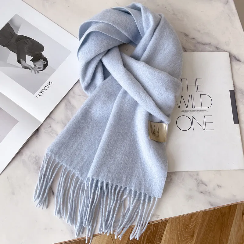 Pure wool mid-length narrow scarf with tassel detailing in beige, 180x32 cm, laid flat