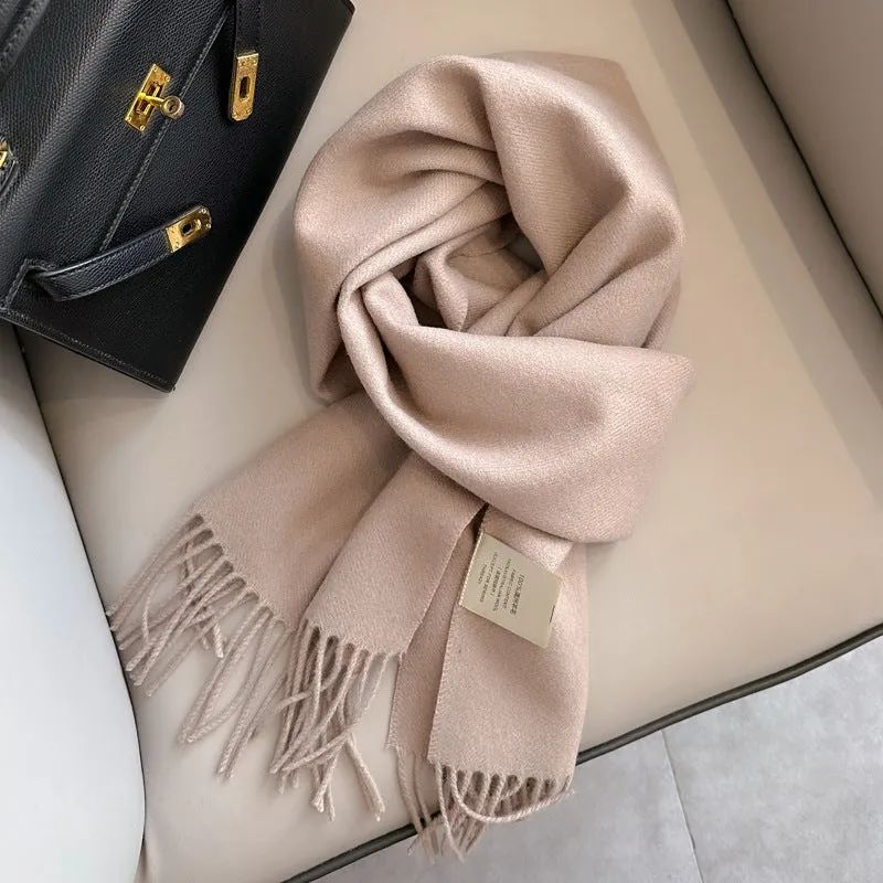 Pure wool mid-length narrow scarf with tassel detailing in beige, 180x32 cm, laid flat