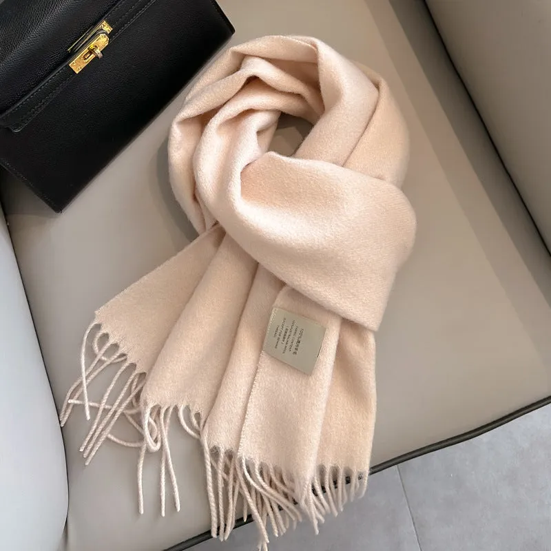 Pure wool mid-length narrow scarf with tassel detailing in beige, 180x32 cm, laid flat