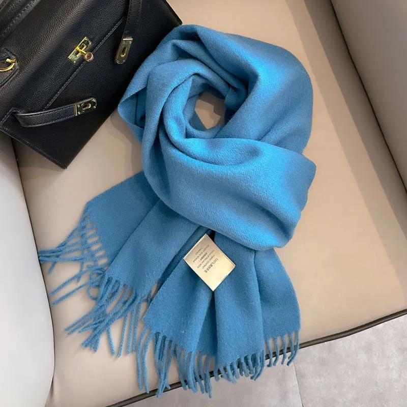 Pure wool mid-length narrow scarf with tassel detailing in beige, 180x32 cm, laid flat