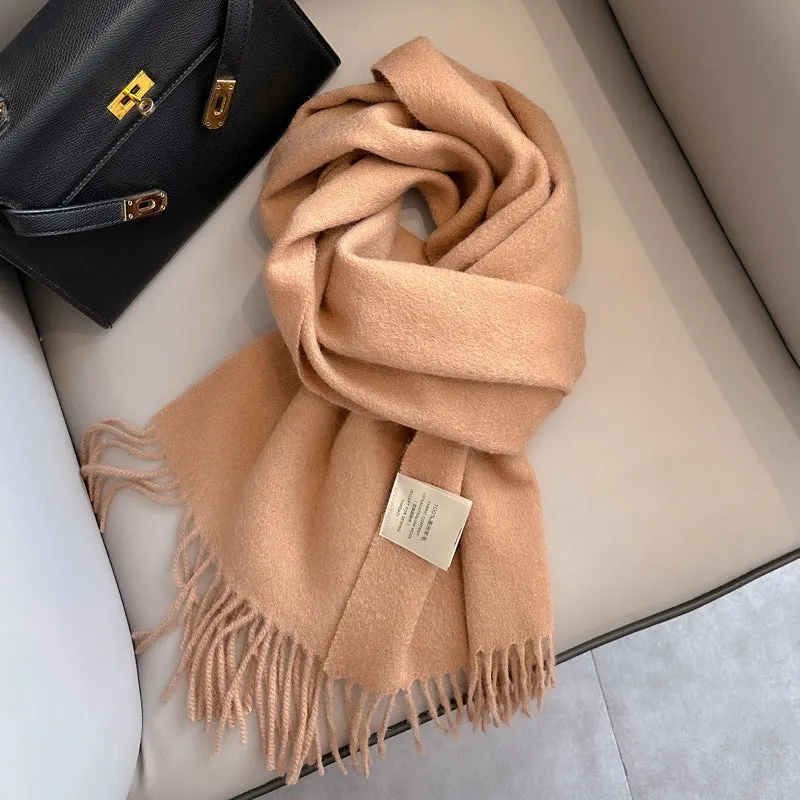 Pure wool mid-length narrow scarf with tassel detailing in beige, 180x32 cm, laid flat
