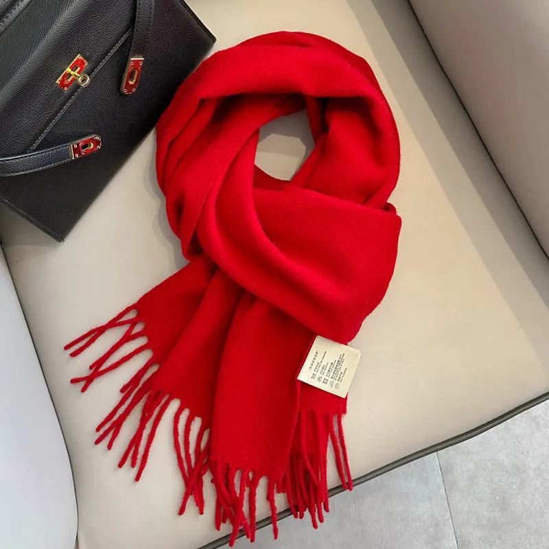 Pure wool mid-length narrow scarf with tassel detailing in beige, 180x32 cm, laid flat
