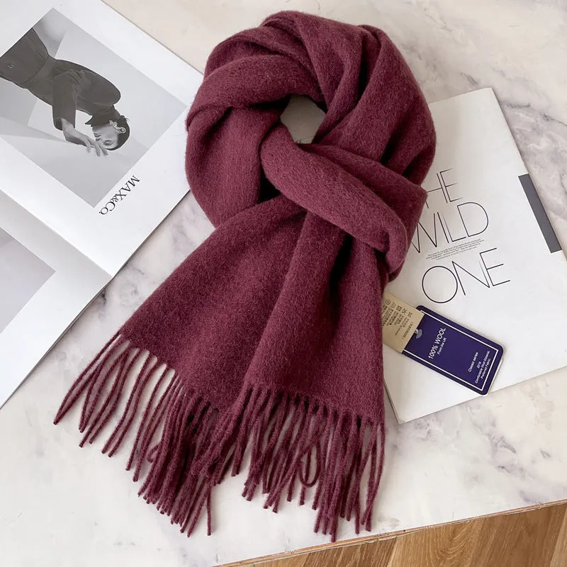 Pure wool mid-length narrow scarf with tassel detailing in beige, 180x32 cm, laid flat