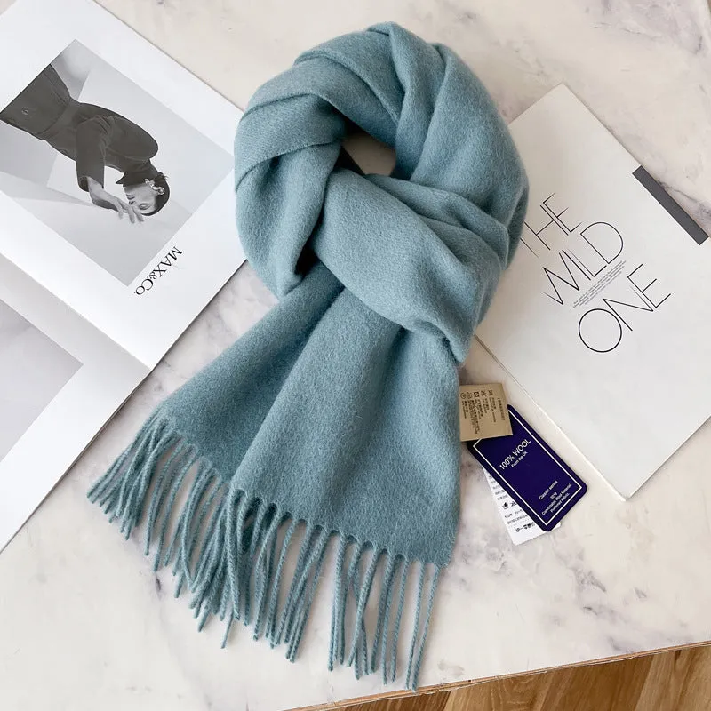 Pure wool mid-length narrow scarf with tassel detailing in beige, 180x32 cm, laid flat