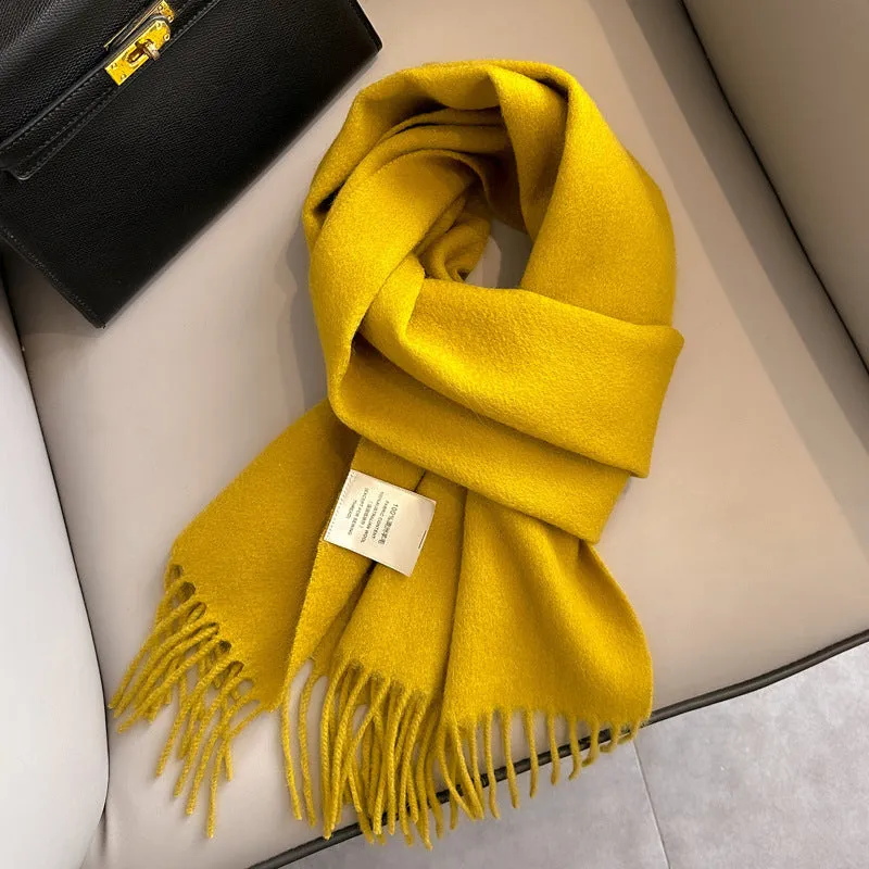Pure wool mid-length narrow scarf with tassel detailing in beige, 180x32 cm, laid flat