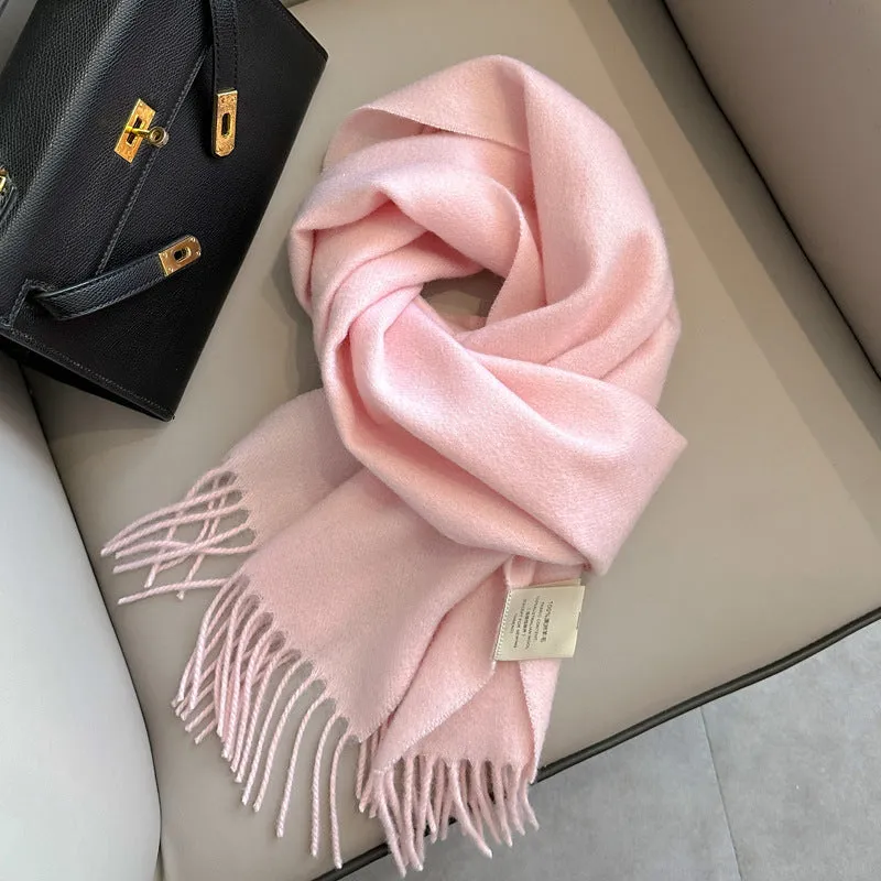 Pure wool mid-length narrow scarf with tassel detailing in beige, 180x32 cm, laid flat