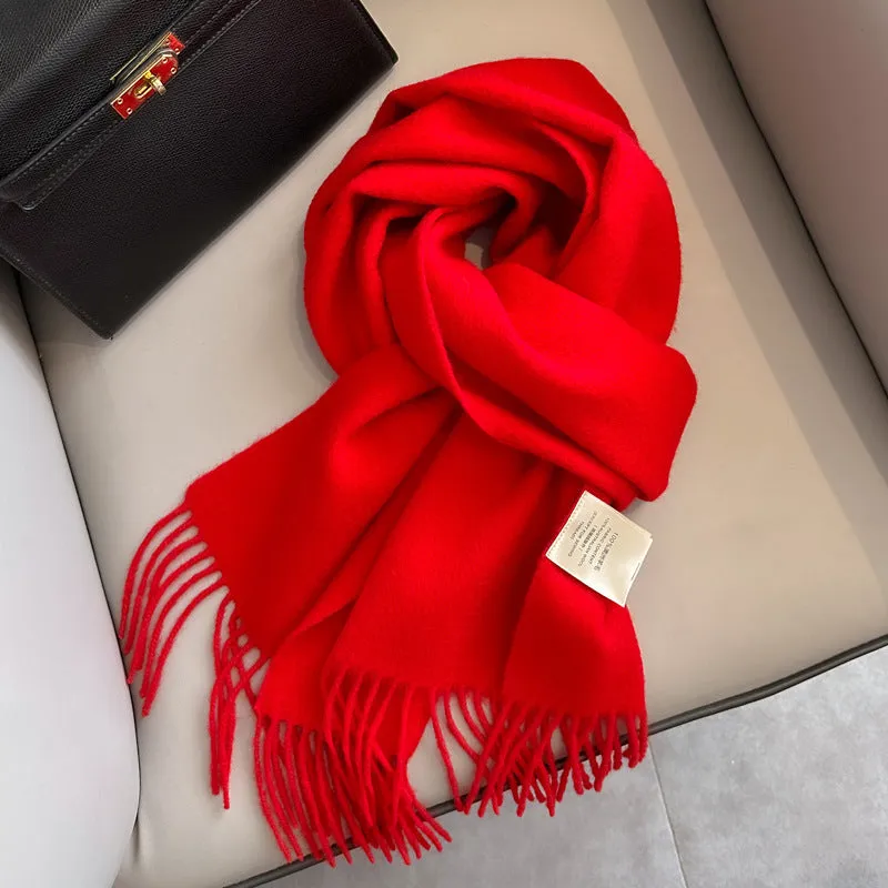 Pure wool mid-length narrow scarf with tassel detailing in beige, 180x32 cm, laid flat