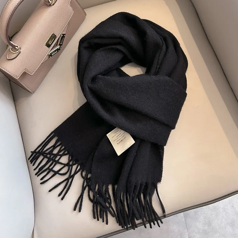 Pure wool mid-length narrow scarf with tassel detailing in beige, 180x32 cm, laid flat